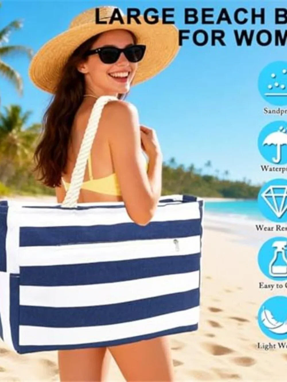 Beach Bag Large Canvas for Women, Beach Bags Waterproof Sandproof with Zipper